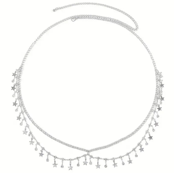 NEW Silver Celestial Whimsigoth Layered Metal Chain Belt w/ Stars & Crystals - Picture 2 of 5